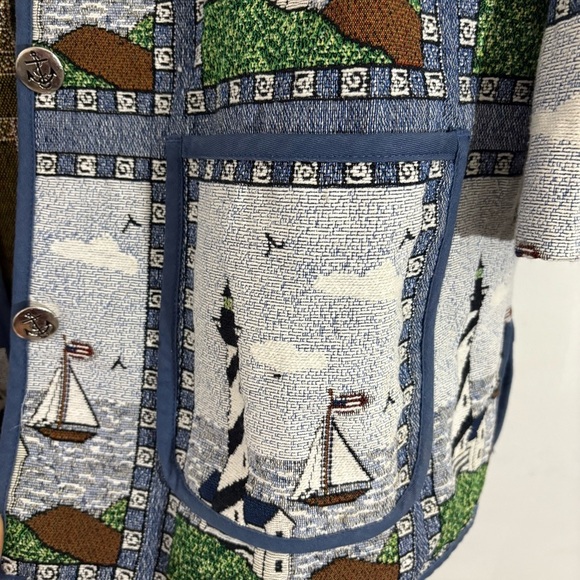 Vtg 90s Blair Nautical Sailboat Lighthouse Tapestry Jacket Lined Sz 2XL Coastal - Picture 7 of 14